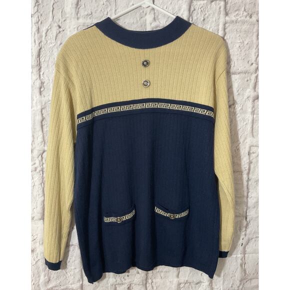 Vintage Adolfo Collectibles XL Wool Blend Blue & Tan Sweater - Picture 3 of 6